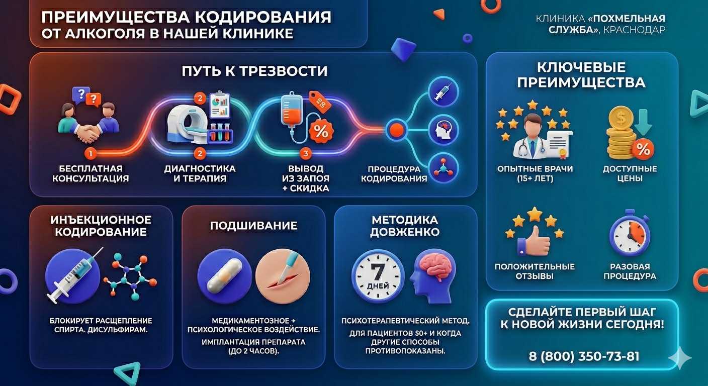 Инфографика о методах кодирования от алкоголя в Новой Ляле: инъекции, подшивание, метод Довженко. Преимущества клиники и этапы лечения.